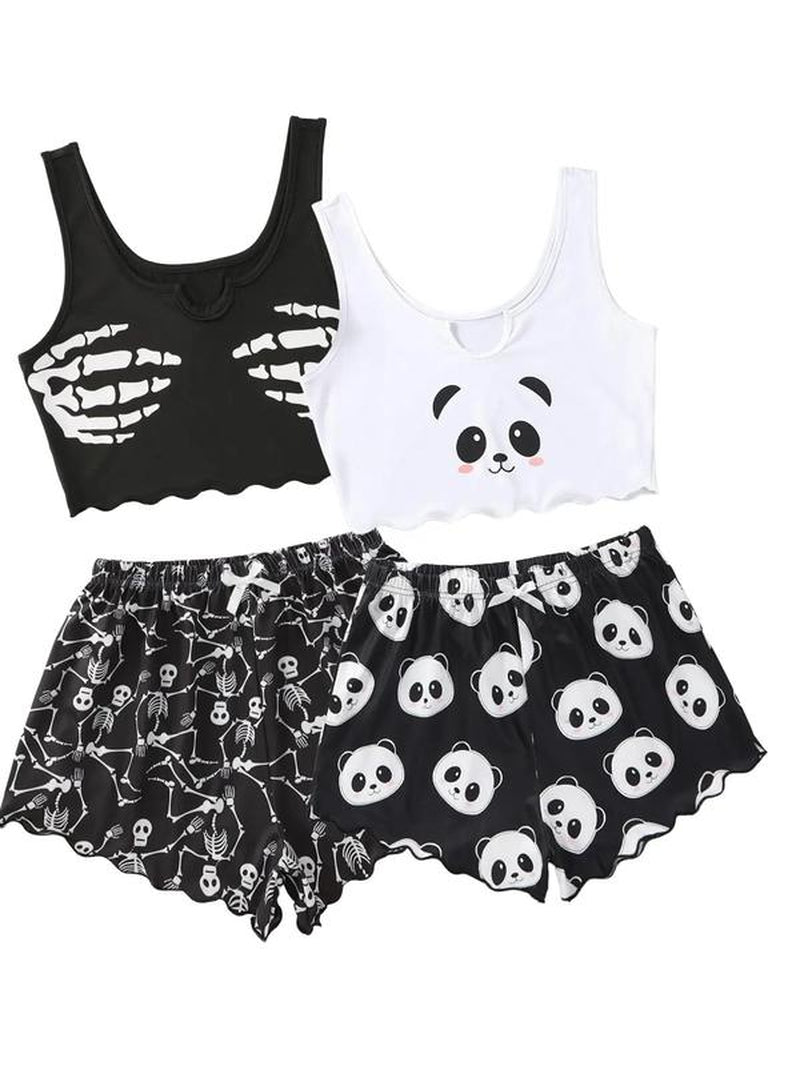 Women'S Chic Halloween Skull/Panda Halloween Print Lettuce Trim Graphic Loungewear Pajama Set, Lady Casual Comfortable Sleeveless Crop Tops & Shorts Set, Women'S Sleepwear for Summer Homewear, All-Match Wear, Womenswear Pajama