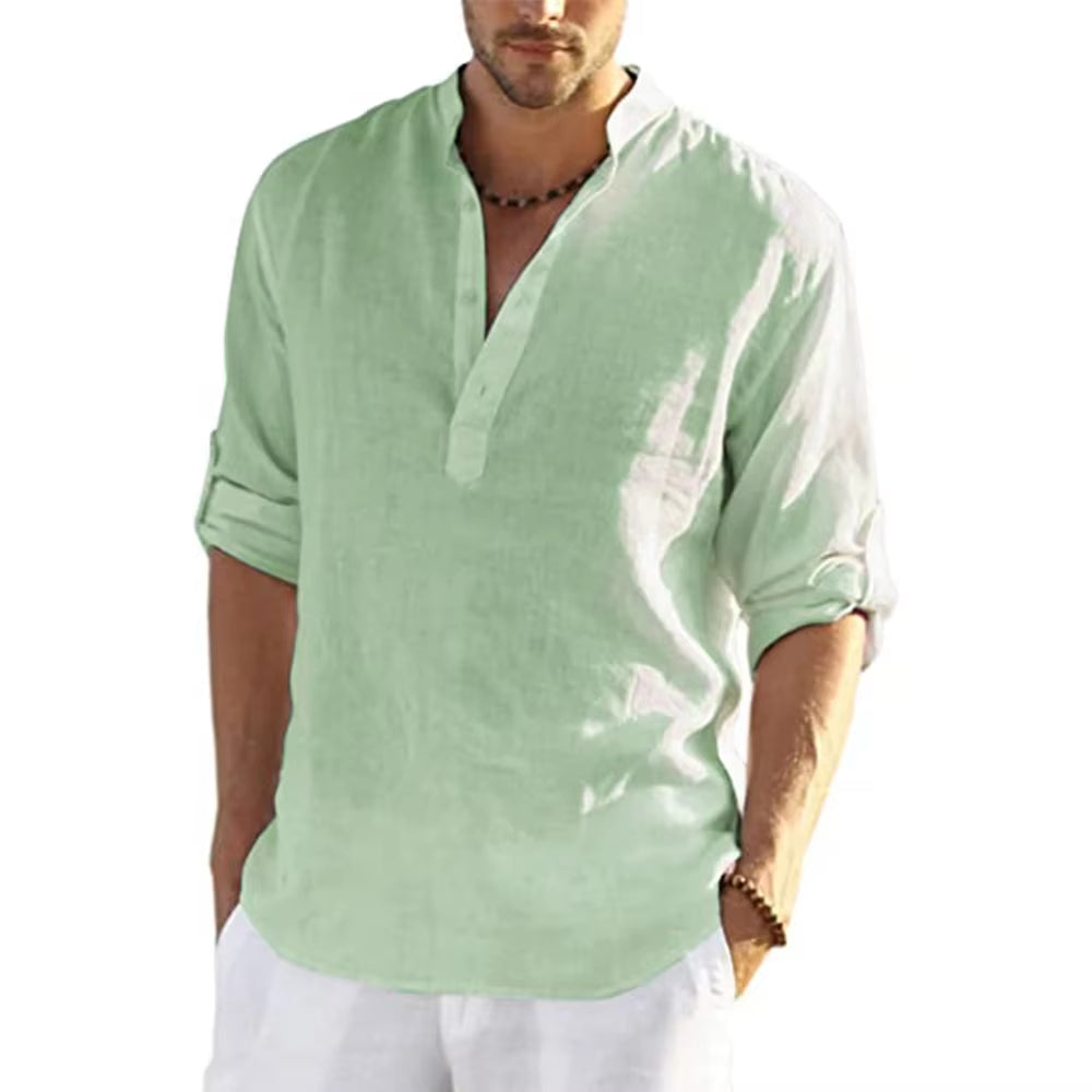 Cotton Linen Hot Sale Men Short-Sleeved Shirts Summer Solid Color Stand-Up Collar Casual Beach Style plus Size