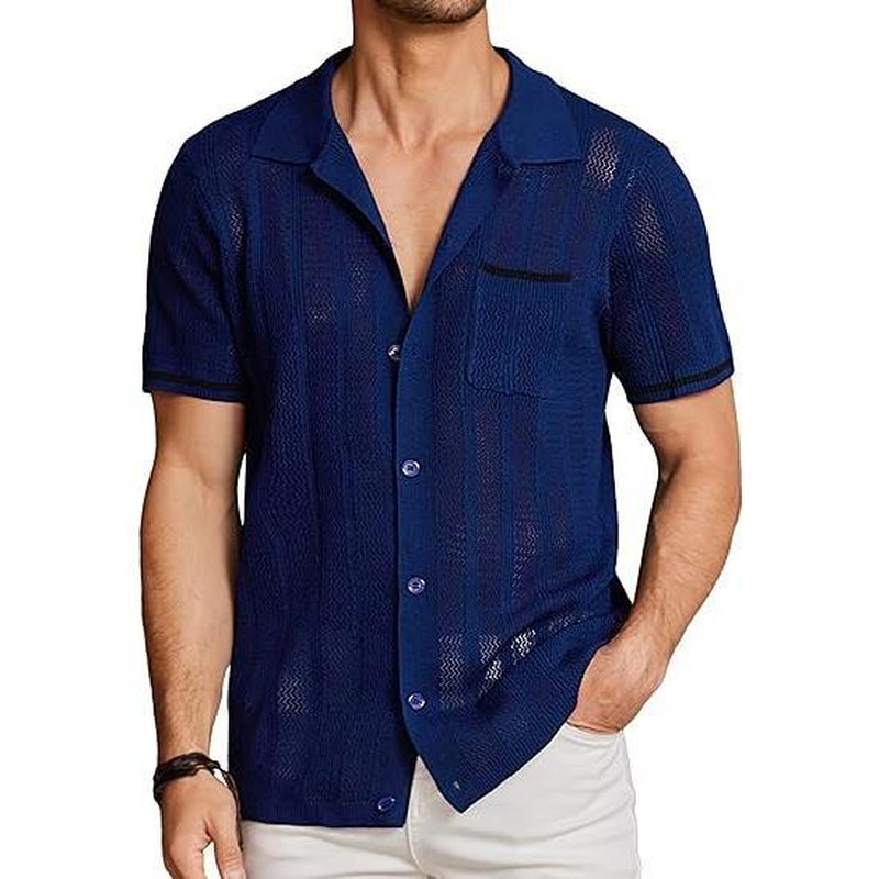 COOFANDY Men'S Short Sleeve Knit Shirts Vintage Button down Polo Shirt Casual Beach Tops Menswear Soft Breathable Classic Stylish Fashion