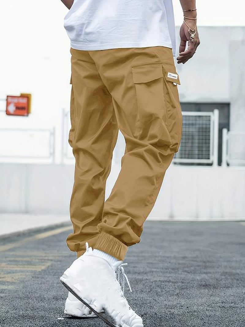 Men'S plus Size Flap Pocket Drawstring Waist Cargo Pants, Pants for Men, Regular Fit Fashion Letter Patched Jogger Pants, Men'S Summer Trousers for Daily Wear