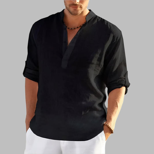 Cotton Linen Hot Sale Men Short-Sleeved Shirts Summer Solid Color Stand-Up Collar Casual Beach Style plus Size