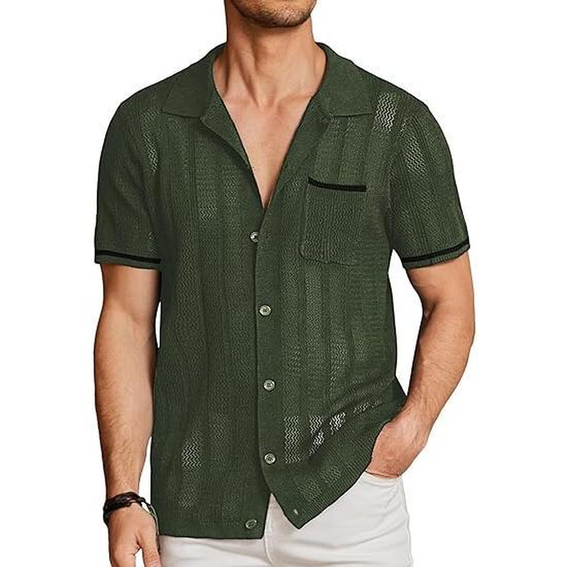 COOFANDY Men'S Short Sleeve Knit Shirts Vintage Button down Polo Shirt Casual Beach Tops Menswear Soft Breathable Classic Stylish Fashion