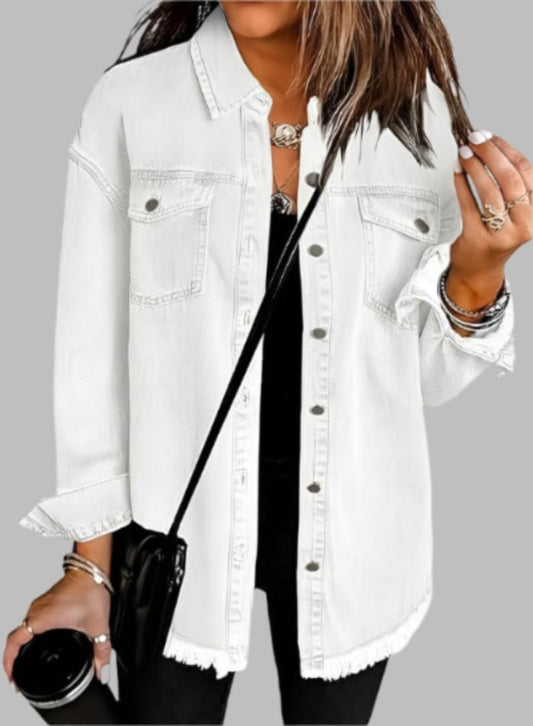 Denim Jacket for Women Long Sleeve Boyfriend Jean Jacket Loose Coat White XL Female