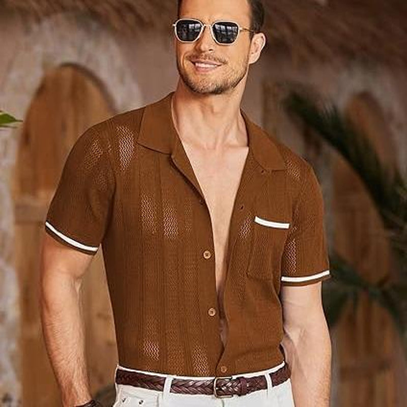 COOFANDY Men'S Short Sleeve Knit Shirts Vintage Button down Polo Shirt Casual Beach Tops Menswear Soft Breathable Classic Stylish Fashion