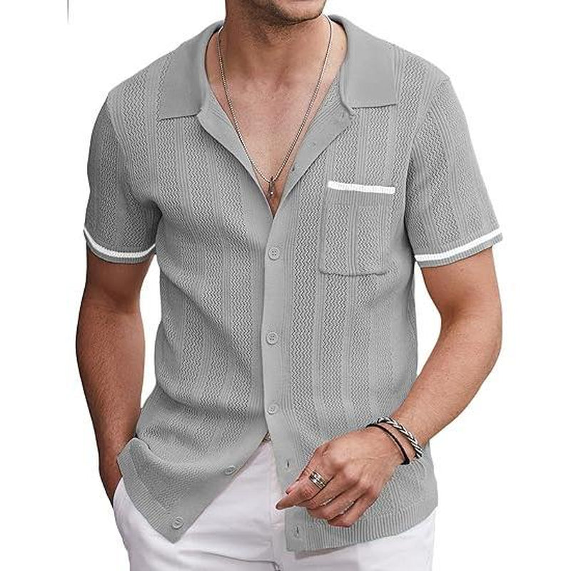 COOFANDY Men'S Short Sleeve Knit Shirts Vintage Button down Polo Shirt Casual Beach Tops Menswear Soft Breathable Classic Stylish Fashion