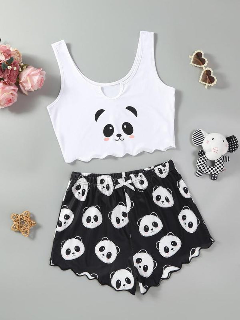 Women'S Chic Halloween Skull/Panda Halloween Print Lettuce Trim Graphic Loungewear Pajama Set, Lady Casual Comfortable Sleeveless Crop Tops & Shorts Set, Women'S Sleepwear for Summer Homewear, All-Match Wear, Womenswear Pajama