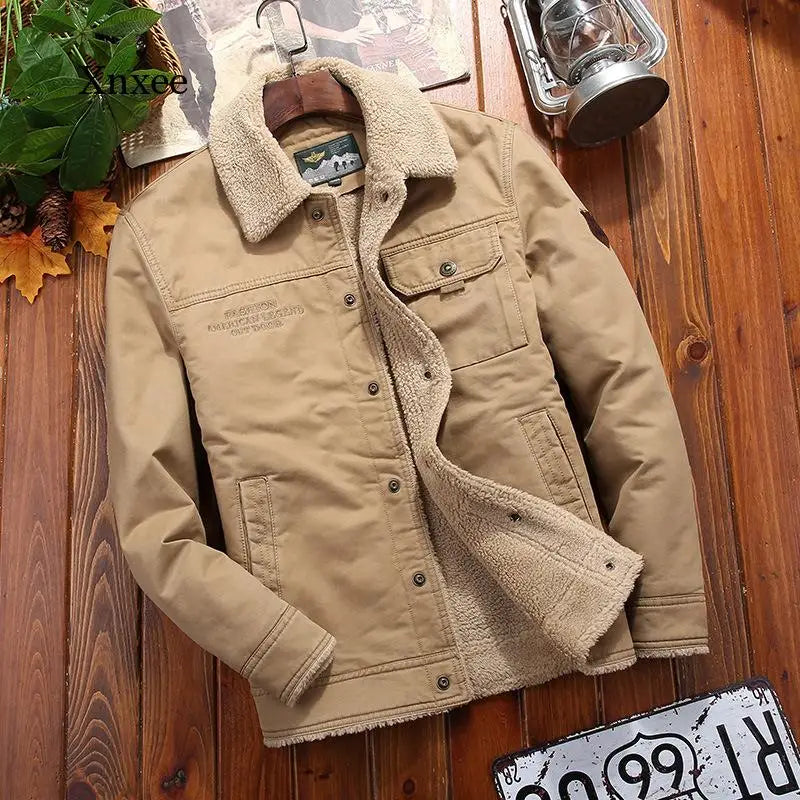 Winter Denim Jacket Men'S New Fleece Lining Thick Warm Men'S Jacket Casual Khaki Green Lamb Parka Men'S Fashion Jacket