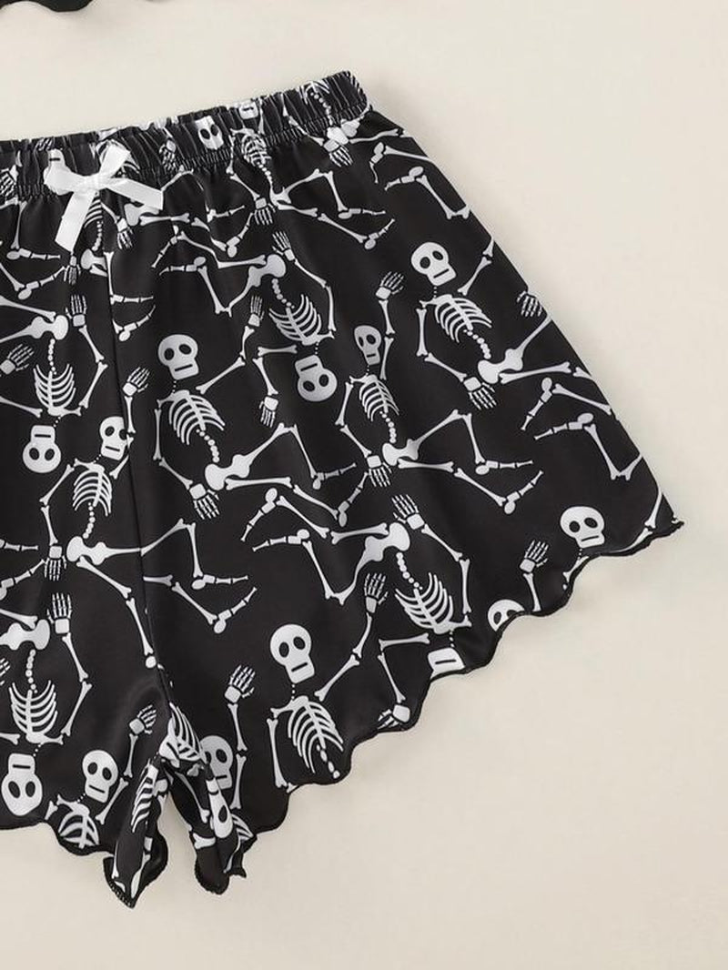 Women'S Chic Halloween Skull/Panda Halloween Print Lettuce Trim Graphic Loungewear Pajama Set, Lady Casual Comfortable Sleeveless Crop Tops & Shorts Set, Women'S Sleepwear for Summer Homewear, All-Match Wear, Womenswear Pajama