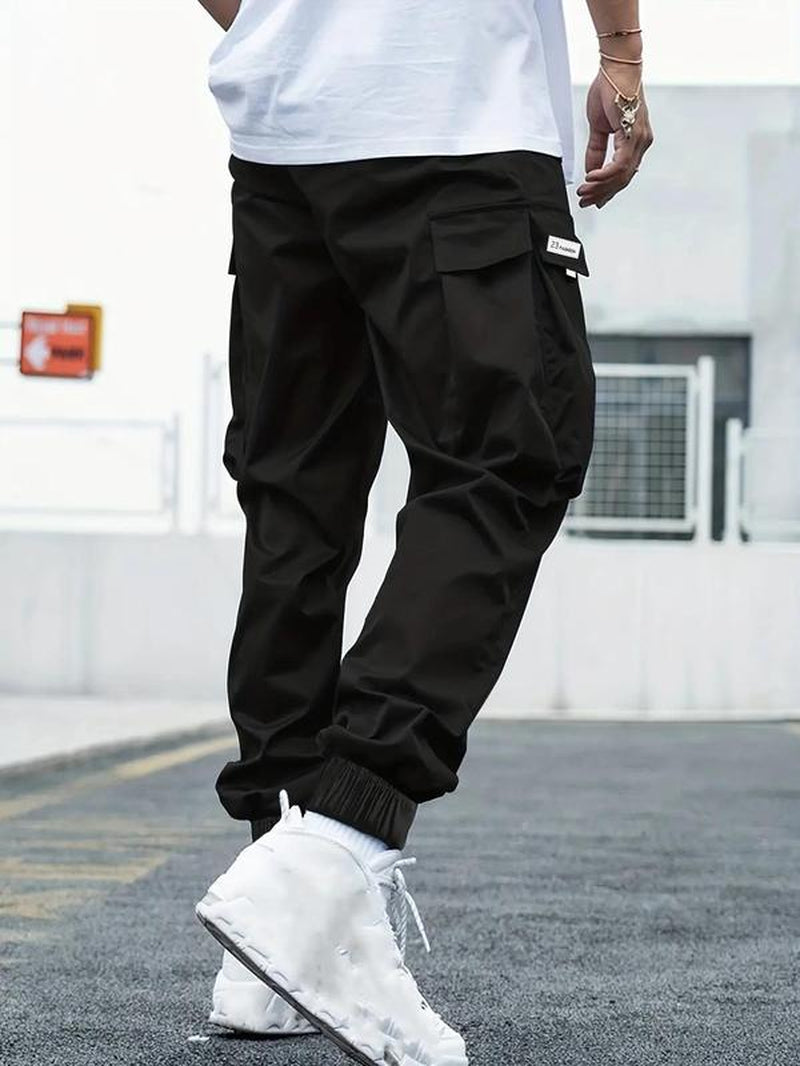 Men'S plus Size Flap Pocket Drawstring Waist Cargo Pants, Pants for Men, Regular Fit Fashion Letter Patched Jogger Pants, Men'S Summer Trousers for Daily Wear