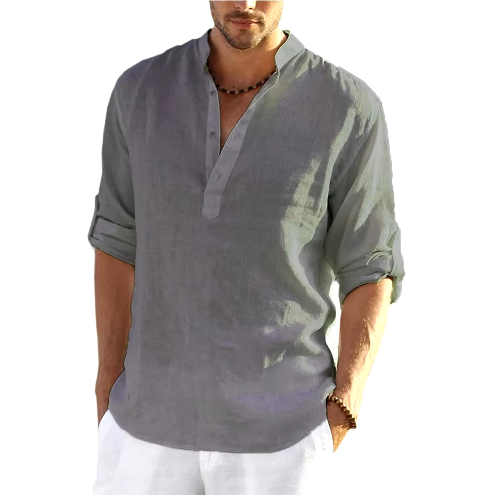 Cotton Linen Hot Sale Men Short-Sleeved Shirts Summer Solid Color Stand-Up Collar Casual Beach Style plus Size