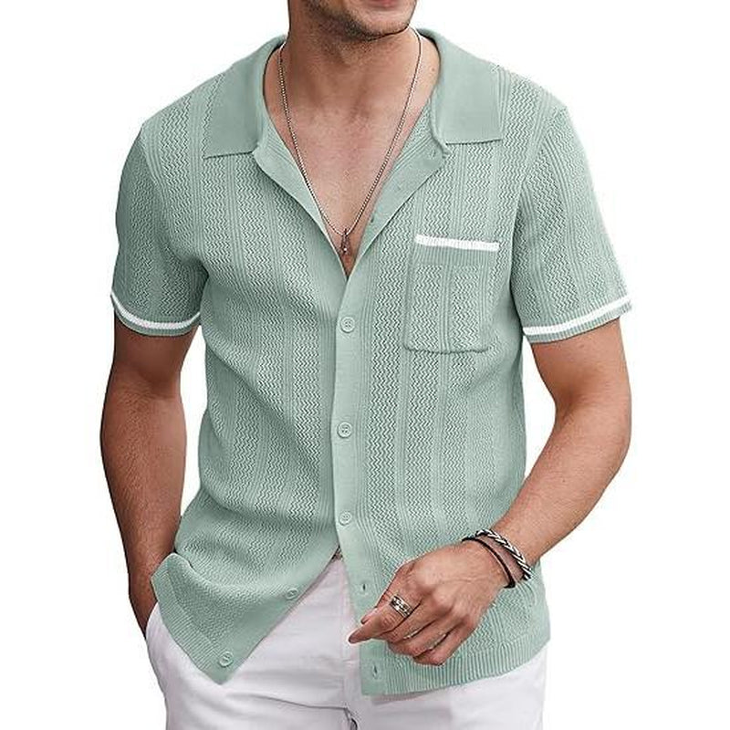 COOFANDY Men'S Short Sleeve Knit Shirts Vintage Button down Polo Shirt Casual Beach Tops Menswear Soft Breathable Classic Stylish Fashion