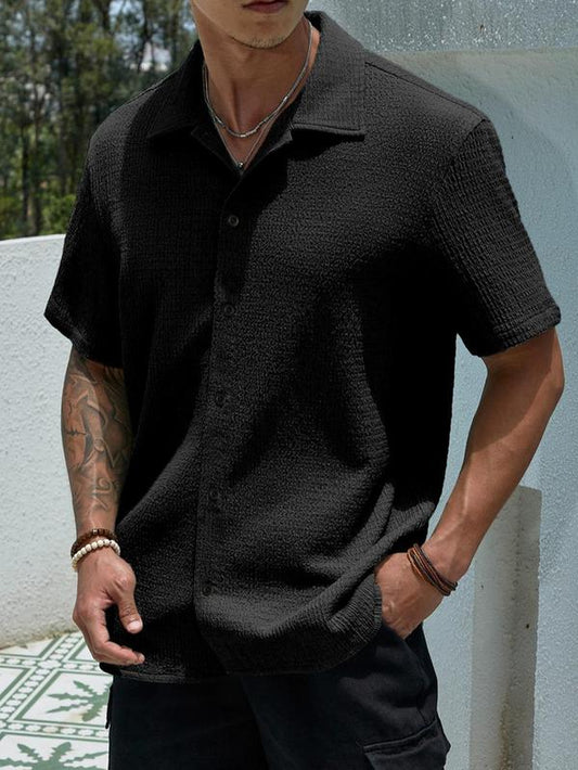 Men'S Solid Button Front Shirt, Casual Short Sleeve Collared Top, Summer Outfits, Fashion Streetwear Men'S Summer Clothes for Daily Wear Back to School, Shirts for Men, Men'S Tops, Menswear, Going Out Outfits 2024