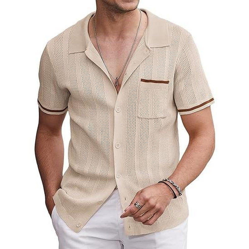 COOFANDY Men'S Short Sleeve Knit Shirts Vintage Button down Polo Shirt Casual Beach Tops Menswear Soft Breathable Classic Stylish Fashion