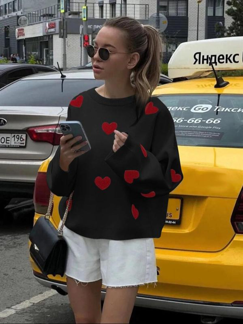 Women'S Spring Heart Print Long Sleeve Crewneck Knitting Jumper, Comfort round Neck Sweater for Daily Streetwear, Tiktop Shop, Lady'S Top for Spring