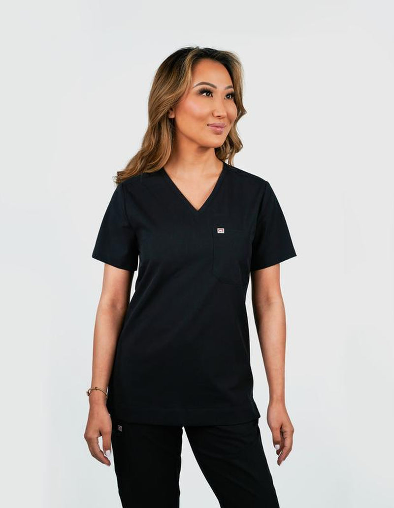 Rose One-Pocket Womens Black Scrub Top