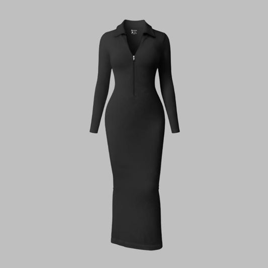 Oqqfitness Womenswear Zip up Front Long Sleeve Elegant Style Lapel Bodycon Long Dress