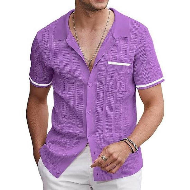 COOFANDY Men'S Short Sleeve Knit Shirts Vintage Button down Polo Shirt Casual Beach Tops Menswear Soft Breathable Classic Stylish Fashion