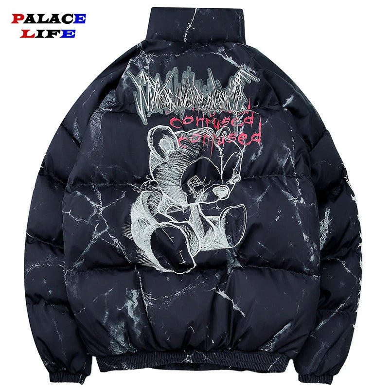 Fashion Winter down Padded Jacket Men Women Cartoon Bear Print Parka Hip Hop Streetwear Winter Thick Warm Jackets Coats Clothes