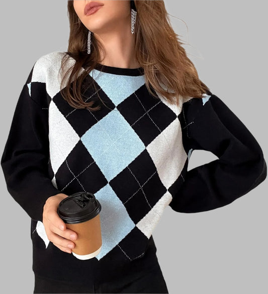 Women/Teen Girls Trendy Argyle Plaid/Heart Knitted Sweater Pullover Long Sleeve Soft Stretchy Winter Valentine