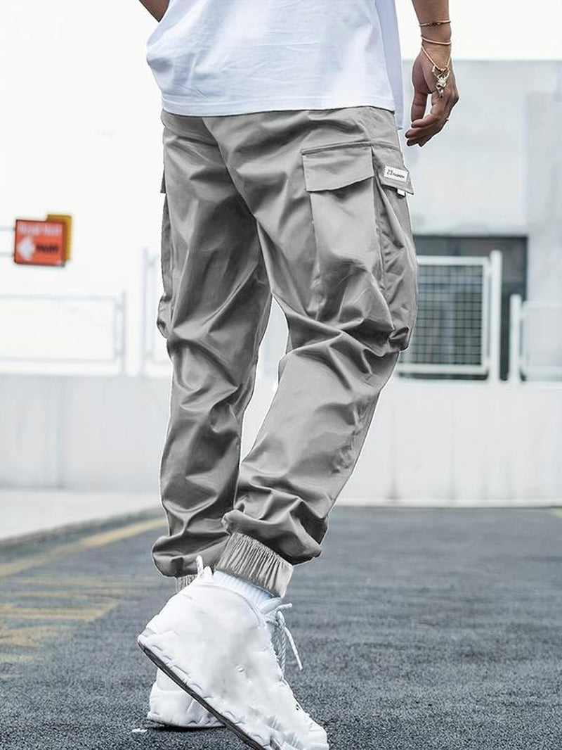 Men'S plus Size Flap Pocket Drawstring Waist Cargo Pants, Pants for Men, Regular Fit Fashion Letter Patched Jogger Pants, Men'S Summer Trousers for Daily Wear