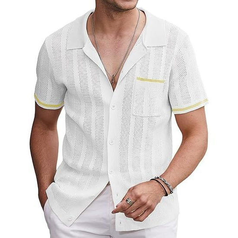 COOFANDY Men'S Short Sleeve Knit Shirts Vintage Button down Polo Shirt Casual Beach Tops Menswear Soft Breathable Classic Stylish Fashion