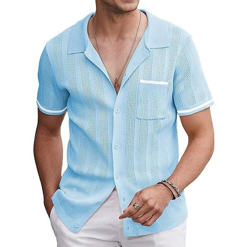 COOFANDY Men'S Short Sleeve Knit Shirts Vintage Button down Polo Shirt Casual Beach Tops Menswear Soft Breathable Classic Stylish Fashion