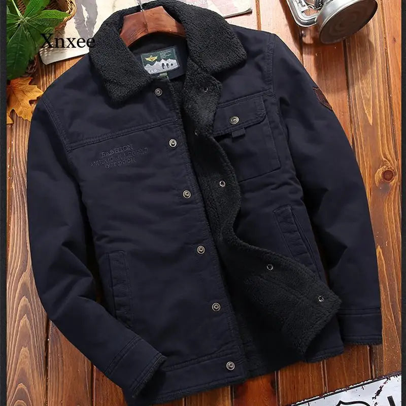 Winter Denim Jacket Men'S New Fleece Lining Thick Warm Men'S Jacket Casual Khaki Green Lamb Parka Men'S Fashion Jacket