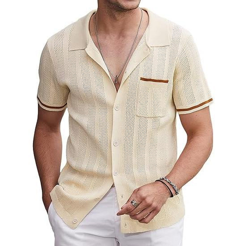 COOFANDY Men'S Short Sleeve Knit Shirts Vintage Button down Polo Shirt Casual Beach Tops Menswear Soft Breathable Classic Stylish Fashion