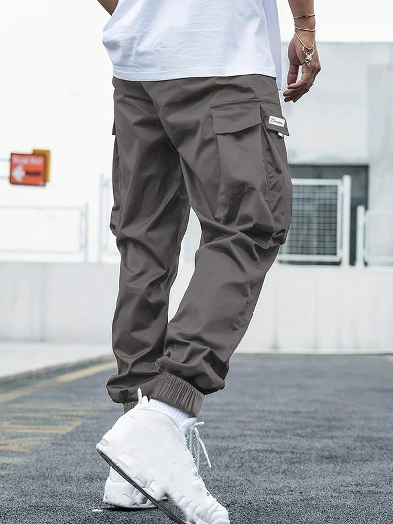 Men'S plus Size Flap Pocket Drawstring Waist Cargo Pants, Pants for Men, Regular Fit Fashion Letter Patched Jogger Pants, Men'S Summer Trousers for Daily Wear