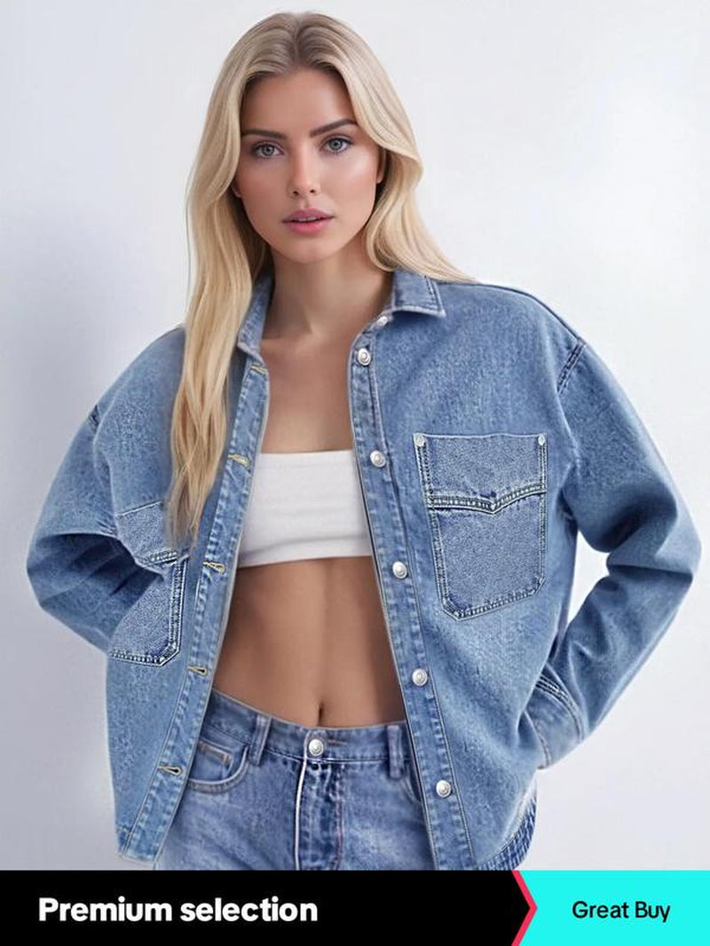 Women'S Plain Button Front Drop Shoulder Curved Hem Denim Jacket, Casual Long Sleeve Pocket Design Collar Outerwear for Daily Wear, Ladies Clothes for All Seasons Fall Clothes 2024 Fall Outfits 2024