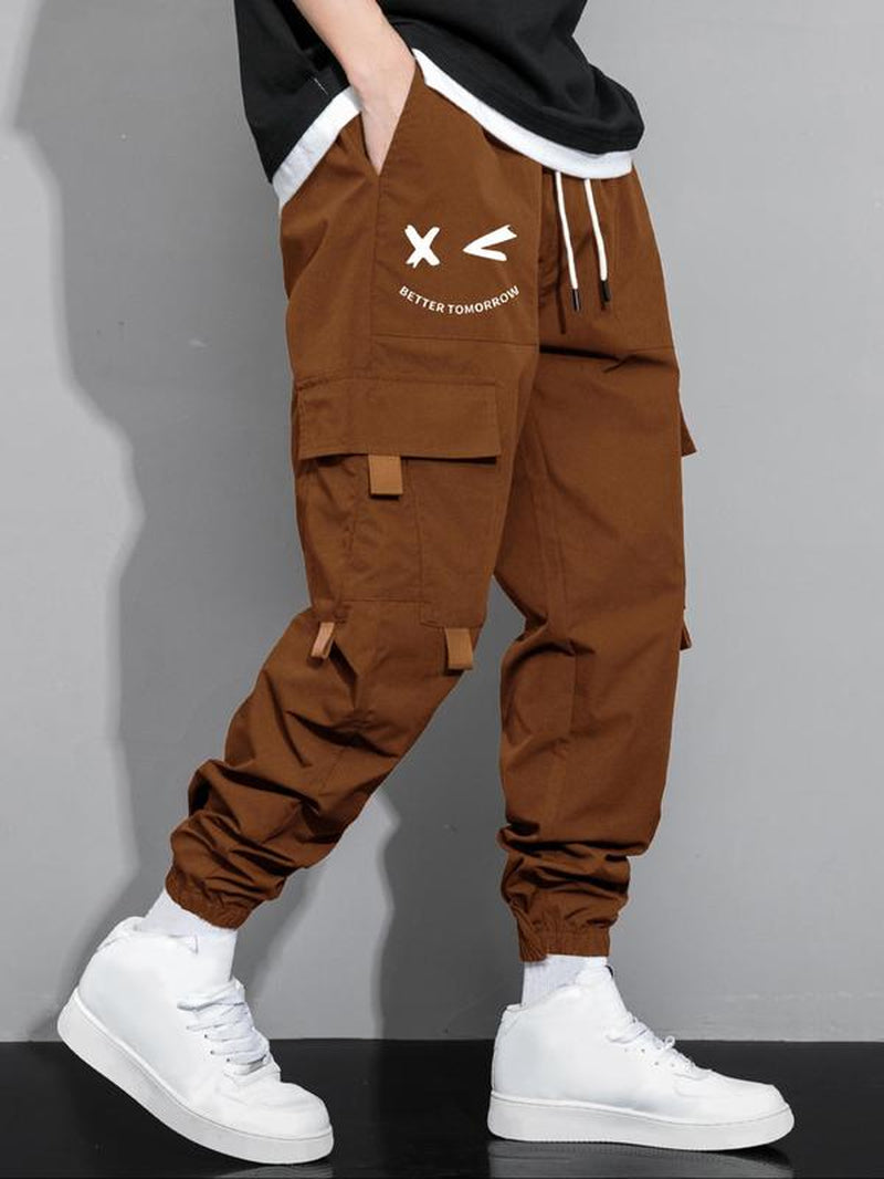 Men'S Cartoon Face Drawstring Waist Cuffed Cargo Pants, Regular Fit Casual Multi-Pocket Utility Jogger Pants, Cargo Pants, 2000S Pants, Summer Outfits 2024, Y2K Fashion Korean Outfits, Drippy Outfits, Going Out Outfit, Fall Outfits, Fallfreshness Clothes