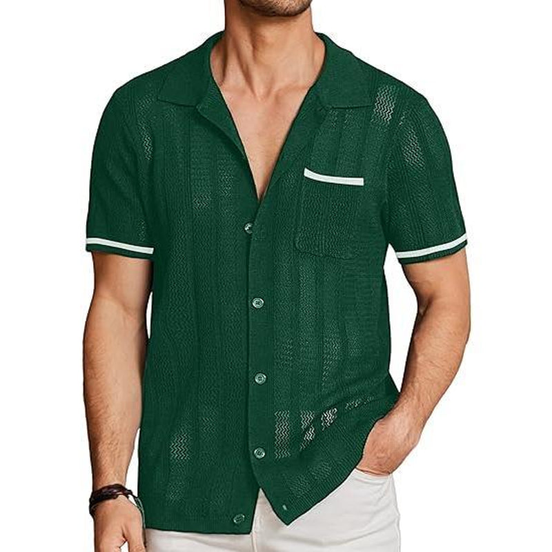 COOFANDY Men'S Short Sleeve Knit Shirts Vintage Button down Polo Shirt Casual Beach Tops Menswear Soft Breathable Classic Stylish Fashion