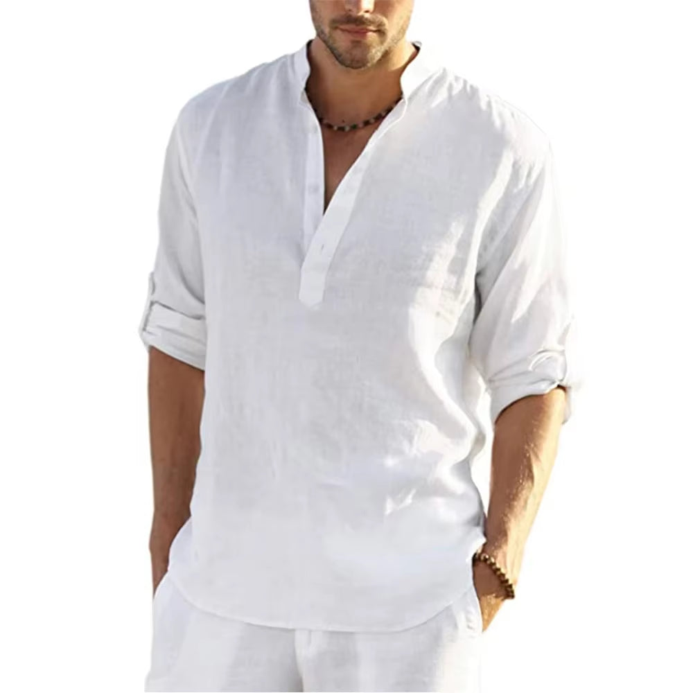 Cotton Linen Hot Sale Men Short-Sleeved Shirts Summer Solid Color Stand-Up Collar Casual Beach Style plus Size