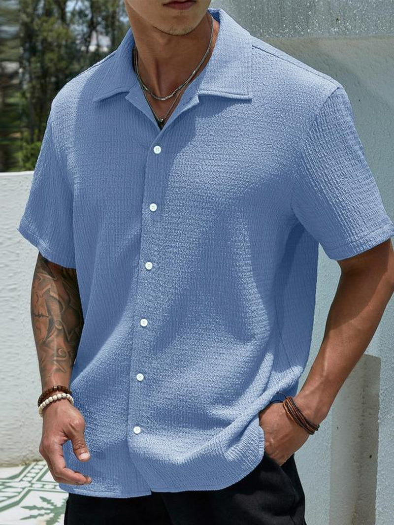 Men'S Textured Button Front Shirt, Casual Regular Fit Short Sleeve Collar Top, Back-To-School Clothing, Shirts for Men, Fashion Streetwear Men'S Summer Clothes for Daily Wear, Birthday Gifts