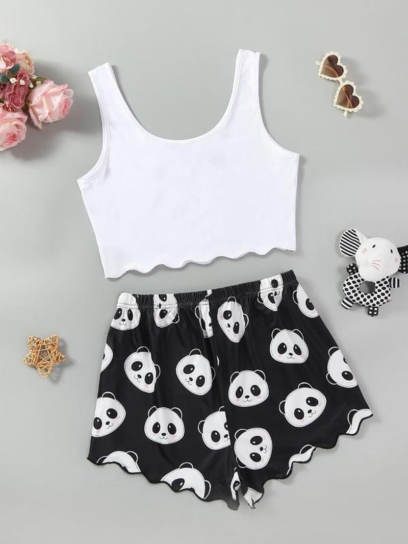 Women'S Chic Halloween Skull/Panda Halloween Print Lettuce Trim Graphic Loungewear Pajama Set, Lady Casual Comfortable Sleeveless Crop Tops & Shorts Set, Women'S Sleepwear for Summer Homewear, All-Match Wear, Womenswear Pajama