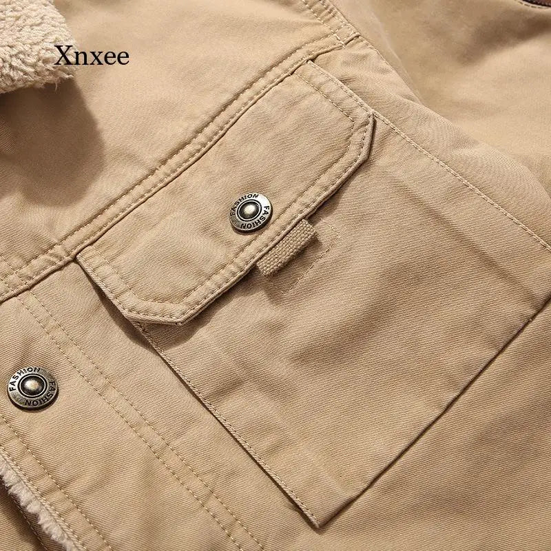 Winter Denim Jacket Men'S New Fleece Lining Thick Warm Men'S Jacket Casual Khaki Green Lamb Parka Men'S Fashion Jacket