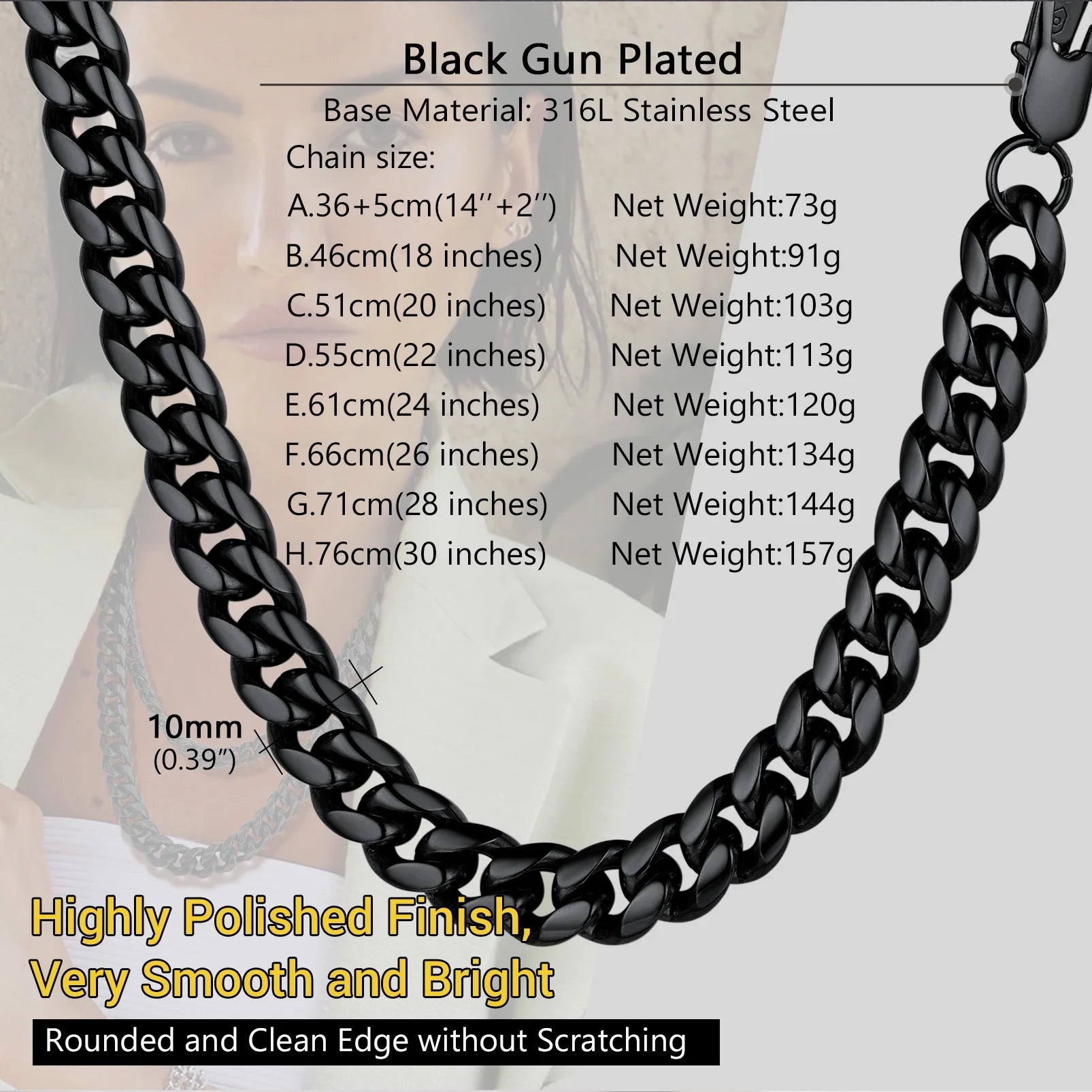 4.8/6/10/14Mm Wide Mens Stainless Steel Gold/Silver/Black Chain Cuban Curb Necklace 14"-30"